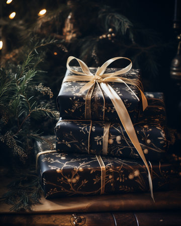 Christmas presents wrapped in black paper with gold ribbons on wooden background.の素材