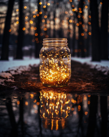Glass jar with christmas lights on the background of winter forest.の素材