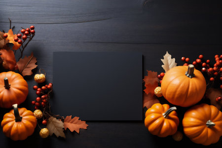 Autumn background with pumpkins, leaves and berries on black wooden backgroundの素材