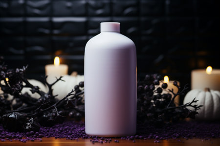 Cosmetic bottle with lavender flowers and burning candles on dark backgroundの素材