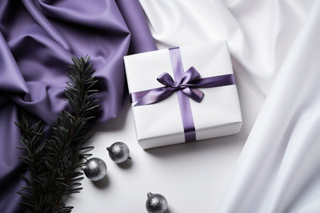 Christmas gift box with purple satin cloth and fir branch on white backgroundの素材