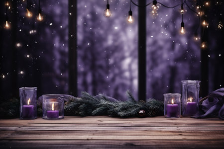 Christmas background with candles and fir branches on a wooden table. Copy space.の素材