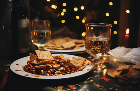 Glass of white wine and crackers on a table in a restaurantの素材
