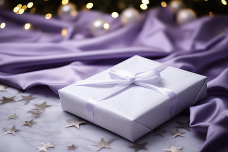 Gift box on purple cloth background with Christmas tree and bokehの素材