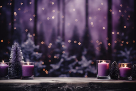 Candles and fir tree on wooden table in front of blurred backgroundの素材