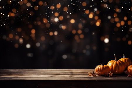 Halloween background with pumpkins on wooden table and bokeh lightsの素材
