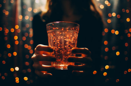 Woman holding a glass of mulled wine on a background of Christmas lightsの素材