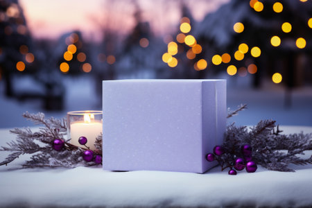 Christmas gift box in the snow with bokeh lights background.の素材