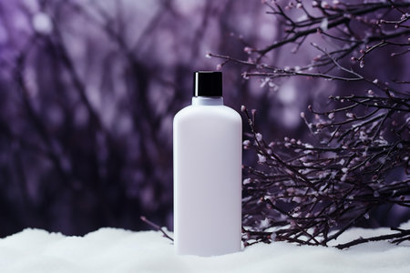 Blank white cosmetic bottle mockup on snow with purple background.の素材