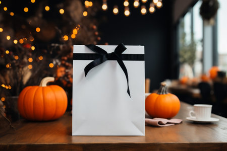 Halloween concept. White paper gift bag with black ribbon on wooden table.の素材
