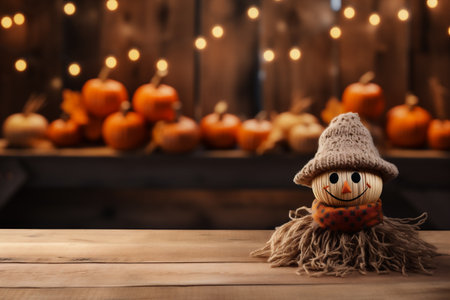 Halloween pumpkin decoration on wooden table in front of bokeh lightsの素材