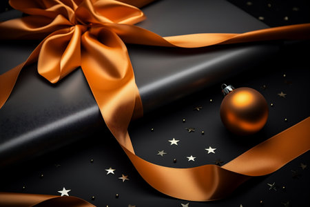 Black gift box with orange ribbon and christmas ball.の素材