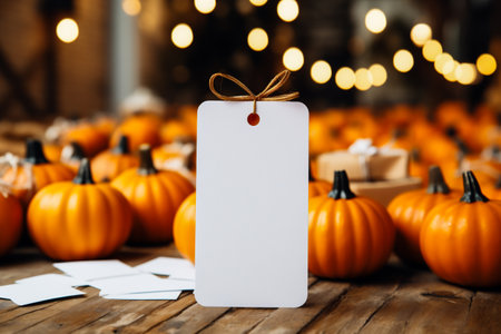 Halloween background with pumpkins and blank white price tag on wooden tableの素材
