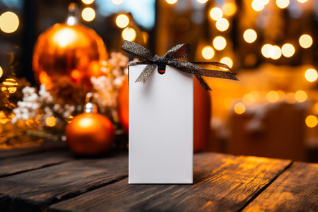 Blank gift tag with christmas decorations on wooden table in front of bokeh lightsの素材