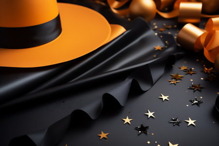Halloween holiday background with orange hat, black ribbon and golden confettiの素材
