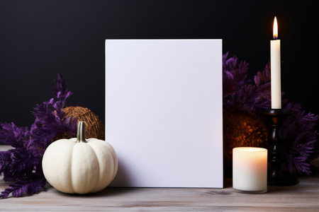 Blank sheet of paper with pumpkins and candles on wooden tableの素材