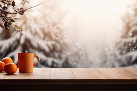 Cup of coffee on wooden table in front of winter forest.の素材