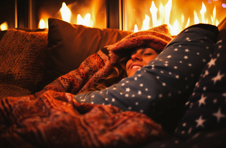 Young woman in warm clothes lying on a sofa by the fireplace at home.の素材