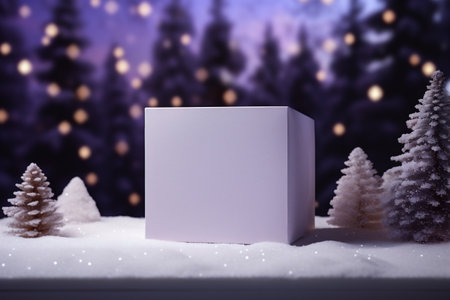 Mockup of white paper box in winter forest. Christmas background.の素材