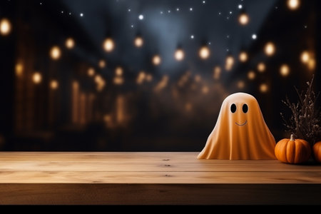 Halloween holiday background with empty wooden table and ghost. Mock upの素材