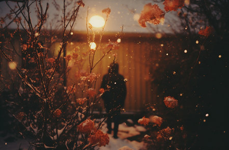 Woman in the winter garden at sunset. Winter background with snowflakesの素材