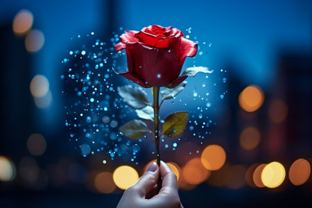 Close up image of human hand holding red rose with bokeh backgroundの素材