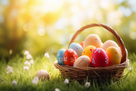 Easter eggs in basket on green grass with bokeh backgroundの素材