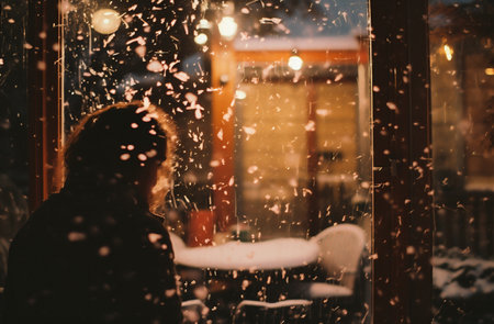 Young woman outside of a cafe in the snow, looking on the windowの素材