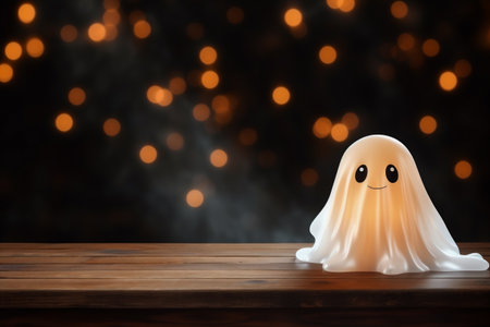 Halloween ghost on wooden table with bokeh lights background.の素材