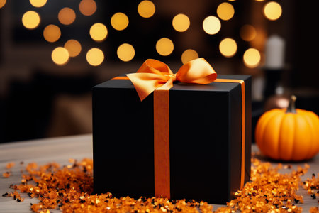 Black gift box with orange bow on bokeh lights background.の素材