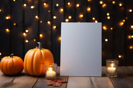 Blank card with pumpkins and candles on wooden table against blurred lightsの素材