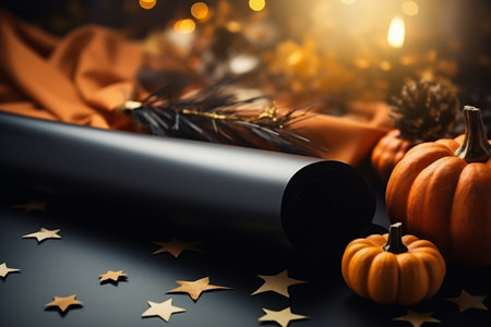 Wrapping paper with pumpkins on black tableの素材