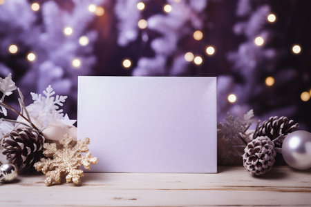 Christmas greeting card on wooden table with bokeh lights background.の素材