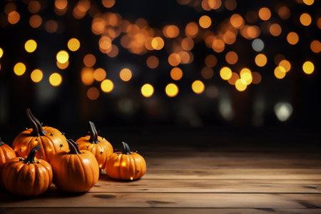 Halloween pumpkins on wooden table and bokeh lights backgroundの素材