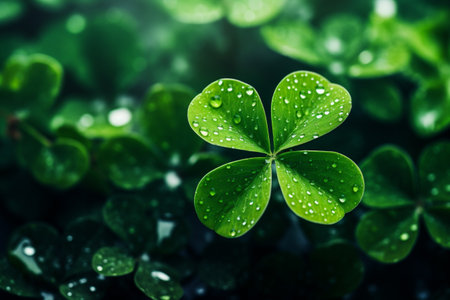 Green clover leaf with water drops on dark background. St. Patrick's day concept.の素材
