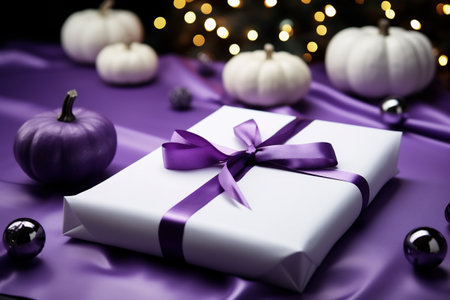 White gift box with purple satin ribbon and pumpkins on purple backgroundの素材
