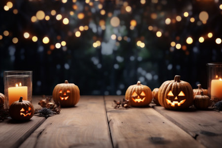 Halloween pumpkins on wooden table with bokeh lights backgroundの素材