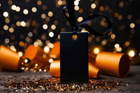 Black blank price tag with golden confetti on bokeh backgroundの素材