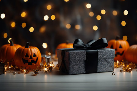 Halloween decoration with pumpkins and gift box on bokeh backgroundの素材