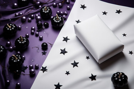 Halloween cosmetics on a purple background. Flat lay, top view.の素材