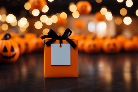 Halloween gift box with blank price tag on bokeh backgroundの素材