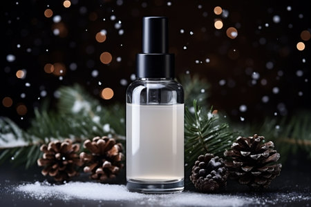 Mockup of cosmetic bottle on a Christmas background.の素材