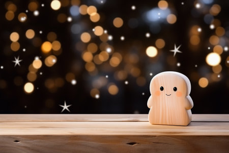 Christmas greeting card with wooden toy angel over bokeh lights backgroundの素材