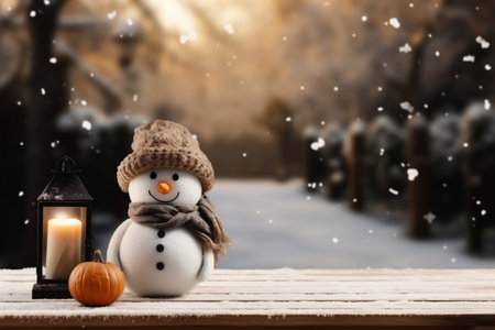 Snowman with lantern and pumpkin on wooden table in winter forest.の素材