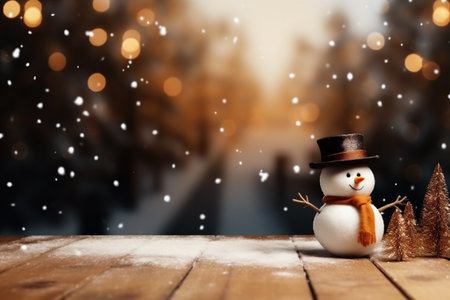 Snowman with hat and scarf on wooden table with bokeh backgroundの素材