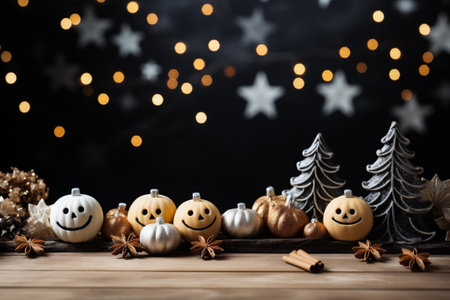 Christmas and New Year decoration on wooden table. Festive bokeh background.の素材