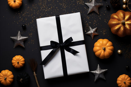 White gift box with black ribbon on a black background with pumpkins and starsの素材