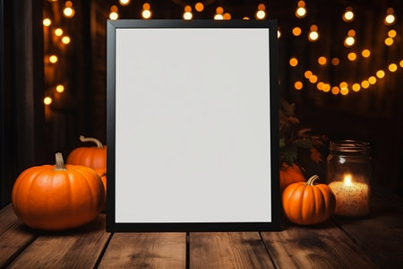 Pumpkin frame mockup with copy space on wooden table.の素材