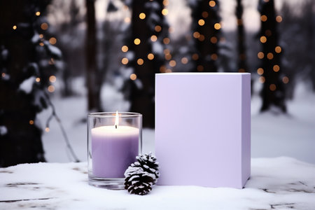 Burning candle and Christmas decoration on snow in winter forest at nightの素材