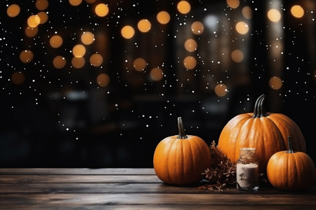Halloween background with pumpkins on wooden table and bokeh lightsの素材